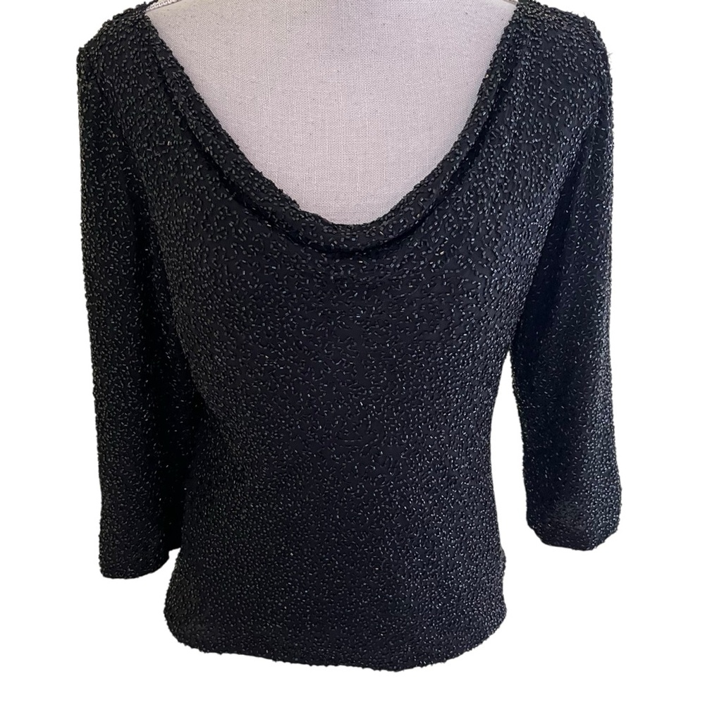 Laurence Kazar Vintage Black Silk Beaded Cowl Neck 3/4 Sleeve Top M